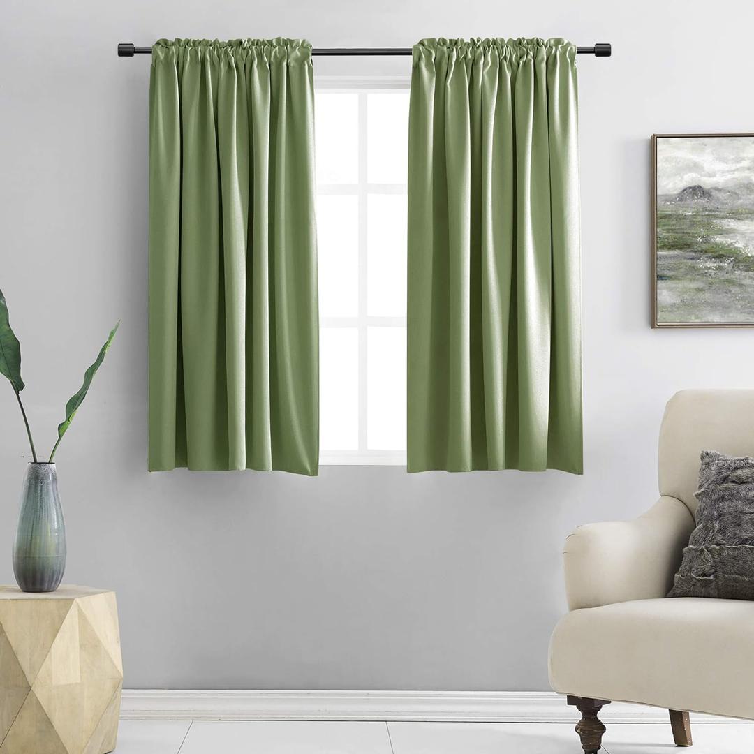 DONREN Sage Green 45 Inch Length Short Curtains for Boy's Room - Bedroom Blackout Thermal Insulated Curtain Panels with Rod Pocket (42 by 45 Inch, 2 Panels)