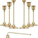 Gold Candleholders for Taper Candlesticks Plus Candle Snuffer – Dining Table Décor Centrepiece - Brass Candelabra Candlestick Holder - Gold Décor for Home Weddings Celebrations Events (Set of 6 Pcs)