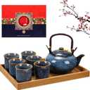 Layhit Japanese Asian Tea Set for Adults with 1 Teapot 6 Cups 1 Tray Traditional Portable Japanese Kiln Altered Glaze Porcelain Tea Set for Women Mother's Day Gifts (Blue)