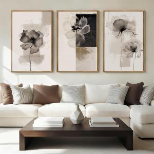 Neutral flower Framed Wall Art 16x24 Inch Black Beige Abstract Floral Canvas Wall Decor Modern Minimalist Flower Paintings for Living Room Bedroom Dining room Set of 3