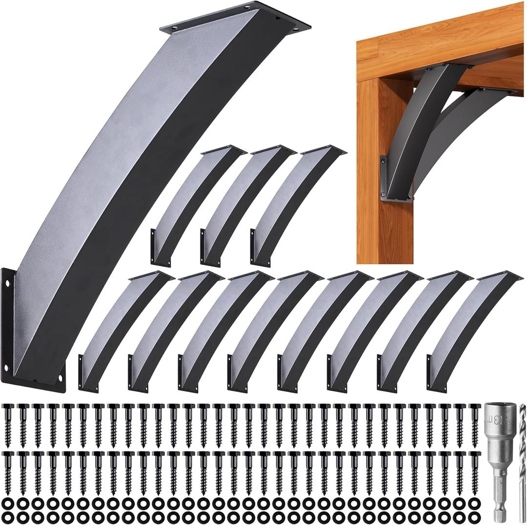 8 Pack Heavy Duty 4''x4'' (Actual: 3.2''x3.2'') Integrated Arc 45 Angle Support Bracket, for Gazebos, Decks, Porches, etc., Wood Post and Beam Angle Support Brackets (Black-Sanded)