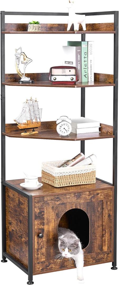 BEWISHOME Cat Litter Box Enclosure Furniture, Hidden Litter Box Furniture for Living Room, Large Cat Furniture with 4 Tier Shelves and Door, Rusitc Brown, CMW06Z