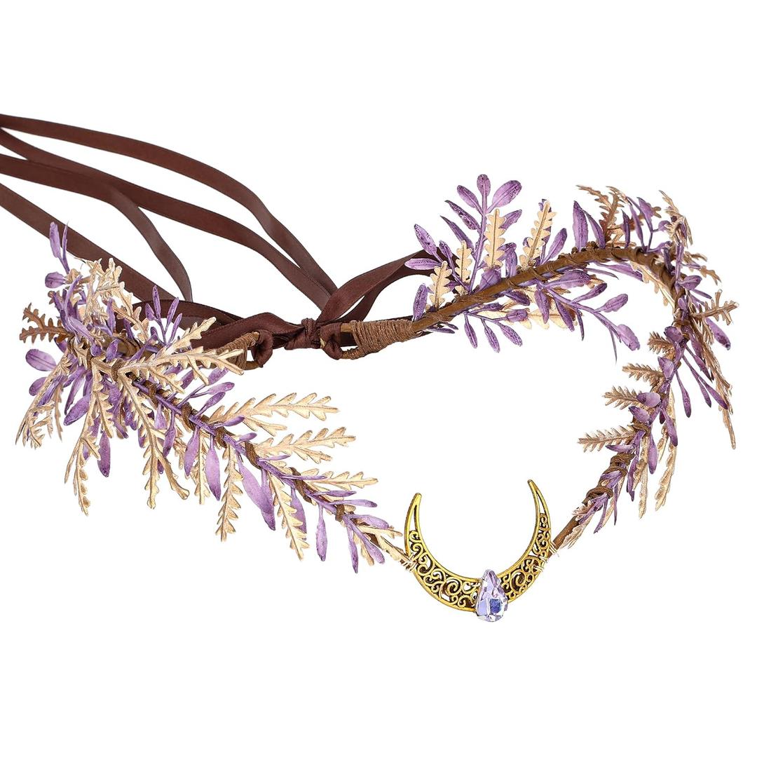 MOSTORY Purple Moon Fairy Crown - Forest Elf Crown Elven Headpiece Woodland Leaf Circlet for Renaissance Faire Accessory Women Halloween Party Elf Cosplay (Gold-pueple)