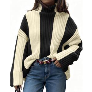 Saodimallsu Womens Turtleneck Sweater Color Block Striped Oversized Sweaters Winter Casual Trendy Pullover Tops