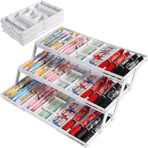 Aobiono Multi Level Smart Drawer Organizer, Multi Tier Expandable Storage Collapsible Foldable Trays for Jewelry, Cosmetics, Makeup, Tools, Battery (White, Single Row - 3 Levels)