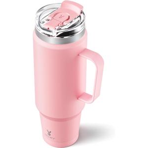 Meoky 40oz Tumbler with Handle, Stainless Steel Travel Mug with 2-in-1 Straw and Sip Lid, Vacuum Insulated Coffee Mug, 100% Leak Proof, Keeps Cold for 34 Hours or Hot for 10 Hours (Blush)