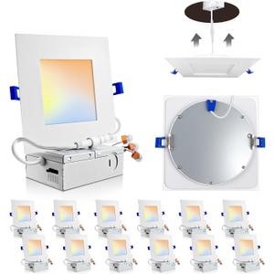Adetu 12 Pack 6 inch Square Led Recessed Lighting, 5CCT Ultra Thin Square Led Ceiling Light with Junction Box, 14W 1190LM, CRI90, 2700K-5000K Selectable,Dimmable Canless Downlight, ETL and Energy Star