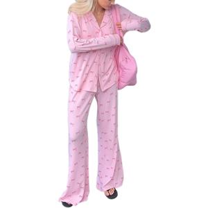Women Bow Pajamas Long Sleeve Button Down Shirt Top Loose Pants Holiday Sleepwear Cute 2 Piece Sets (Large, Pink)