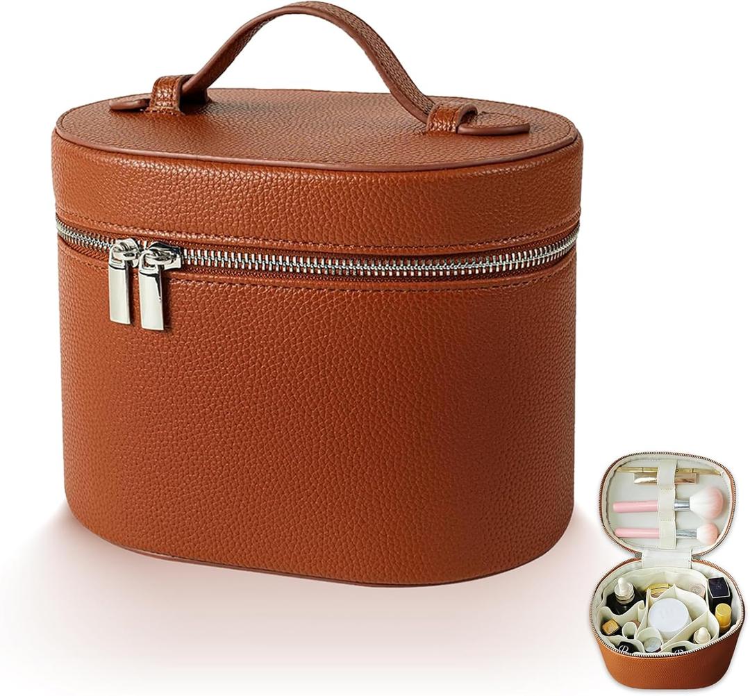 Makeup Case, Large Capacity Leather Makeup Bag with Removable Washable Compartment, Portable Waterproof Leather Cosmetic Case, Multi-functional Travel Organizer, Brown