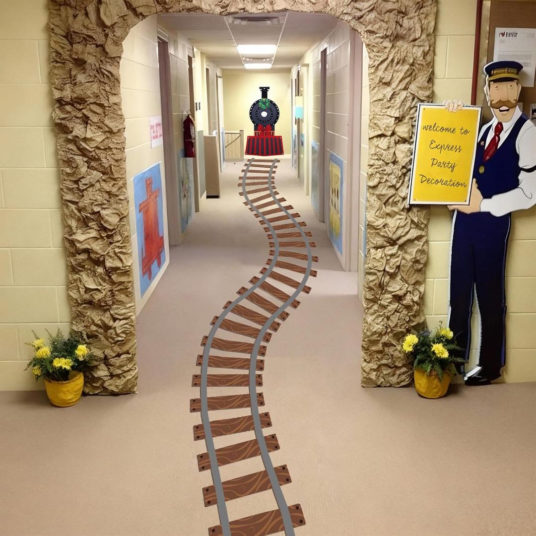 Oudain 10 ft Train Birthday Party Decorations Train Railroad Track Signs Table Floor Railroad Aisle Decor for Birthday Party School Classroom Decor Christmas Express Rail Road Decoration, 3.28 ft x 10 ft / 100 cm x 300 cm