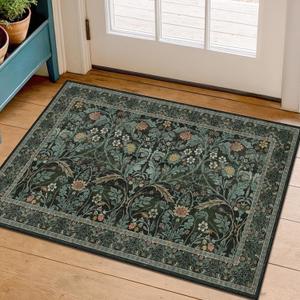 Washable Entry Rug 2x3 Non Slip, Vintage Small Throw Rugs for Bathroom, Entry Way, Kitchen, Front Door Mat Indoor Entrance, Bedroom, Ultra Soft Low Pile Stain Resistant (Dark Green)