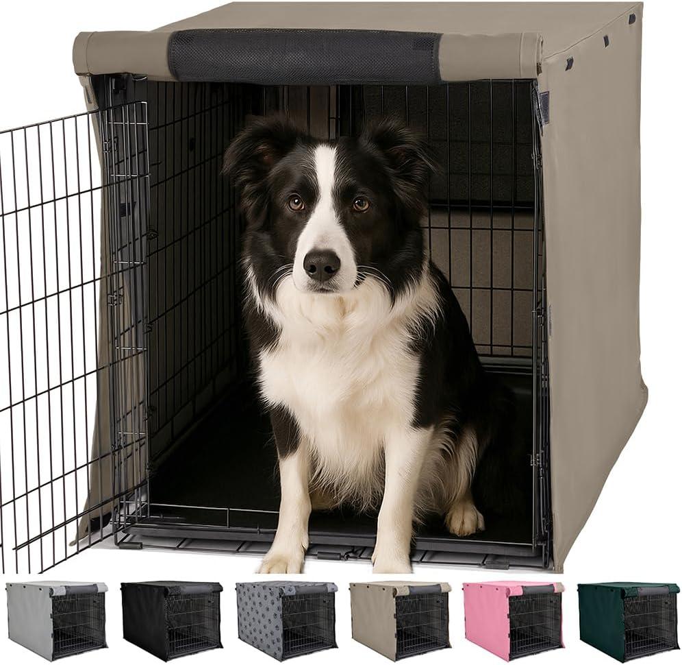 GORILLA GRIP Dog Crate Covers Compatible with Amazon Basics Dog Crates, All Sides Open, Privacy Cover Fits 36" Wire Kennel, Breathable Mesh Windows, Light Reducing Puppy Training Cage Topper, Taupe (36" x 23" x 25")