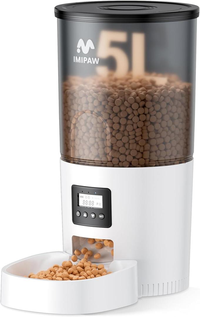 IMIPAW Automatic Cat Feeders, 5L Large Capacity, Timed Feeding Dry Food, Dual Power Design, Programmable Portion Size, 1-6 Meals Per Day, with Desiccant Packet, Suitable for Small Pets Food Dispenser (White)