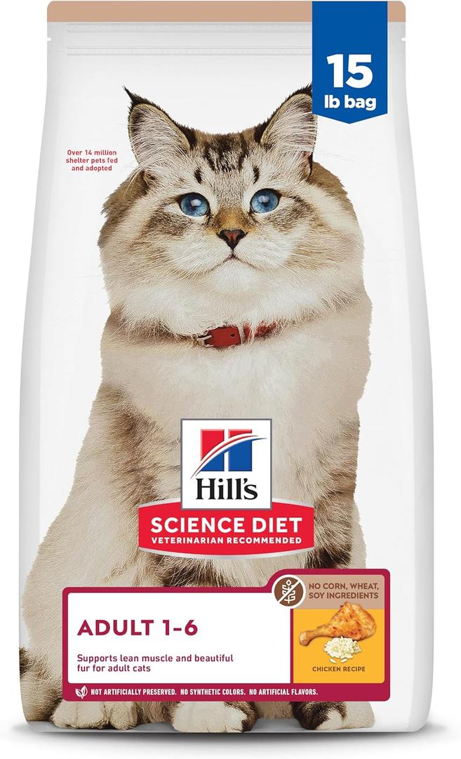 Hill's Science Diet Adult 1-6, Adult 1-6 Premium Nutrition, Dry Cat Food, No Corn, Wheat, Soy Chicken & Brown Rice Recipe, 15 lb Bag