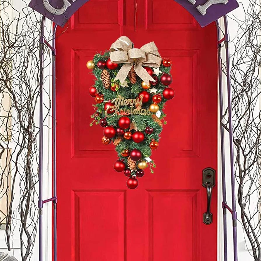 Xmas Wreaths for Front Door Decoration Christmas Party Art Decor Supplies Christmas Ball Pinecones Tree Wreath Hanging Red Green Outdoor Indoor Winter Holiday Orange