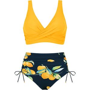 Women's High Waisted Bikini Sets V Neck Twist Front Ruched Bathing Suit Padded Lace Up Back Two Piece Swimsuit (L)