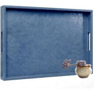 18 x 12 inches Leather Ottoman Serving Tray with Hole Handles, Rectangle Modern Service Tray for Living Room, Coffee Table, Bed, Tea, Food, Butler Countertop, Kitchen, Dinner, Picnic (Blue)