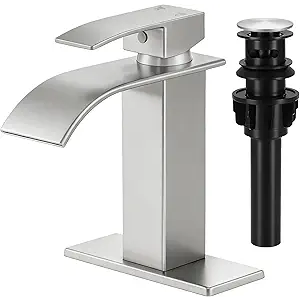 LUFG Bathroom Faucets Brushed Nickel Waterfall Bathroom Sink Faucet Modern Single Handle Bathroom Faucet for 1 or 3 Hole Mxier Tap Washbasin Faucet with Deck, Popup Drain and Supply Hoses