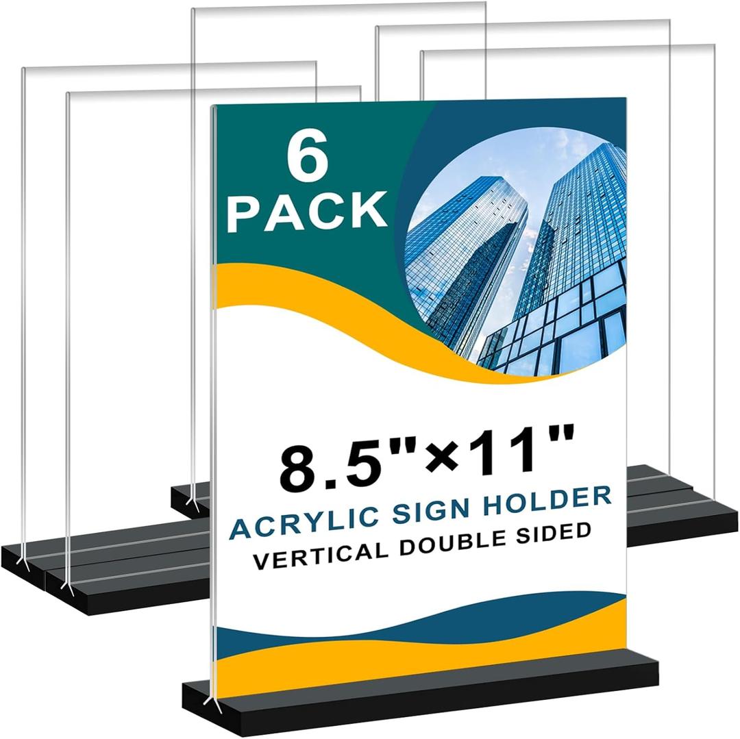 6Pack Acrylic Sign Holder 8.5x11 Vertical ,Clear Sign Holder Double-Sided ,Plastic Flyer Stand Menu Table Display Holders,Acrylic Paper Holder Plastic Picture Frames for Office Restaurants Show Fair