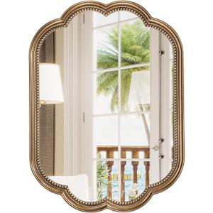 Scalloped Gold Mirror, 23" x 35" Gold Beaded Mirror Vanity, Antique Brass Oval Wooden Large Flower Mirror for Over Sink, Bathroom, Bedroom, Living Room, Fireplace, Entryway