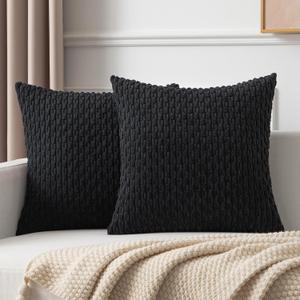 Kevin Textile Decorative Throw Pillow Covers Corduroy Square Cushion Cover with Stripes Cases for Bedroom Sofa Living Room Couch Set of 2 18x18 Inch Black