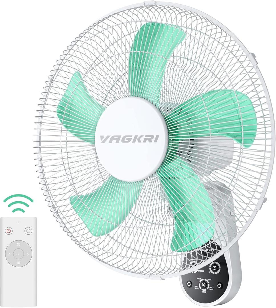 VAGKRI Wall Mount Fan, 16 Inch Wall Fans with 5 Blades, 5 Speeds, 8 Hour Timer, 90 Oscillating Quiet Fans with Remote for Home Office Bedroom Living Room Garage (White)