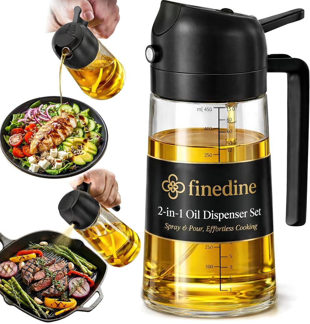 FineDine 16oz Olive Oil Sprayer for Cooking, 2 in 1 Olive Oil Dispenser Bottle for Kitchen, Air Fryer, Salad, BBQ & Baking Dual Spray Mist & Stream, with Measurement Marks, Black