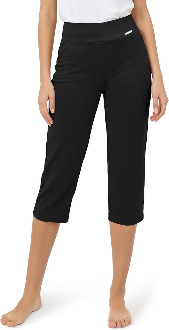 Tapata Womens Capri Pants 20.5" Inseam Tummy Control Dressy Capris High Waisted Work Pants for Summer Yoga Casual, Twill, Black, L
