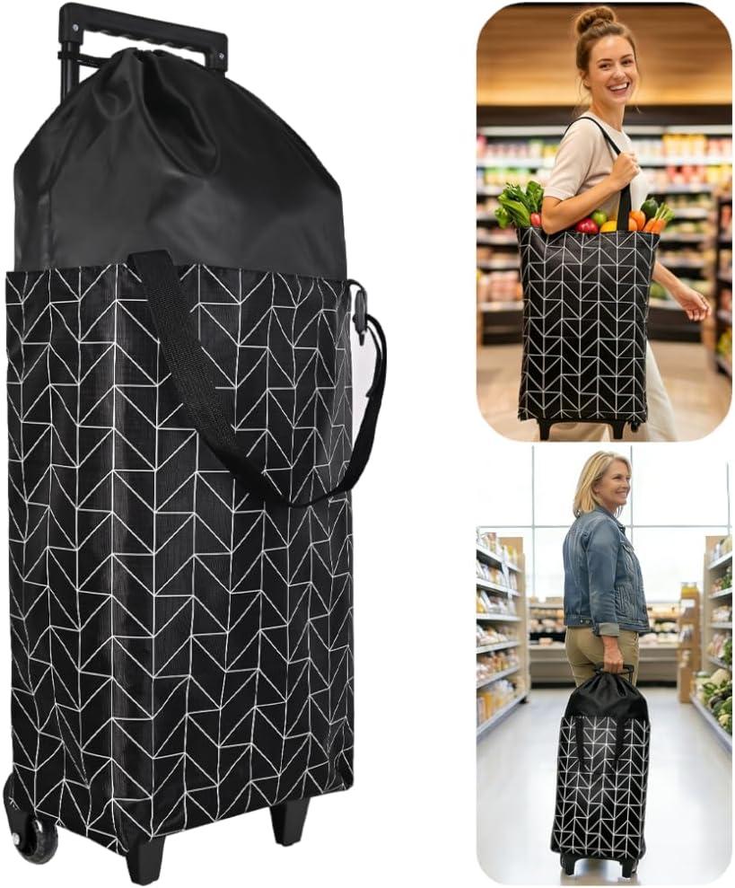 Rolling Shopping Bag, Small Shopping Cart with Wheels,Collapsible Portable Waterproof Tote for Market & Grocery RunsGift for Women & Seniors(Black&Expandable Bag)