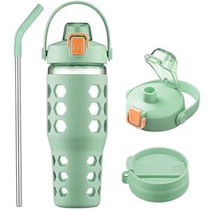MUKOKO 32 oz Glass Tumbler with Straw, Glass Water Bottles with Time Marker, Iced Coffee Cup with 2 Lids-Handle Spout Lid&Straw Lid, Silicone Sleeve, Leakproof, 1 Pack-Green