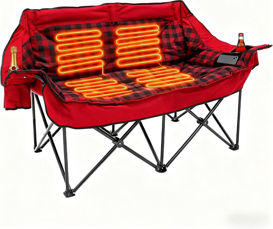 Heated Double Camping Chair, Padded Camping Couch with 3 Heat Levels and 4 Heating Zones, Oversized Camp Loveseat Support 800lbs for Soccer Games, Tailgating, RV Travel, Beach DaysNot Battery, 27.94 Cm X 25.4 Cm X 97.917 Cm
