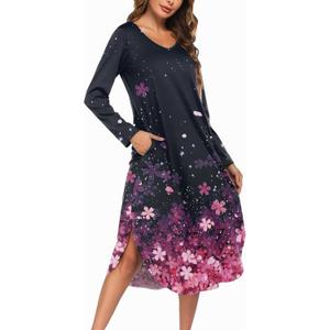 Ekouaer Womens Nightgown V Neck Nightshirts Long Sleeve Sleepwear with Pockets S-4XL (Black, L)