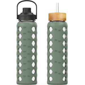 MUKOKO 32oz Glass Water Bottles with 2 Lids-Handle Spout Lid & Bamboo Straw Lid, Motivational Water Tumbler with Time Marker Reminder and Silicone Sleeve, Leakproof-Olive- Pack of 1