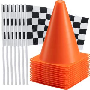 Bedwina Race Car Birthday Party Decorations - (36 Pcs) 12 - 8-Inch Orange Mini Cones for Kids & 24 Black & White Checkered Flags on Sticks - Race Car Themed Birthday Party Decor & Centerpiece Supplies
