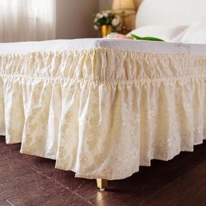 ARTABLE Lace Bed Skirts Wrap Around Ruffled Bed Scarf Elastic Dust with Adjustable Belts 15 Inch Drop Twin Queen King Size Lace Trimmed Bed Skirt (Beige, Queen (60 x 80'')-15 Inch Drop)