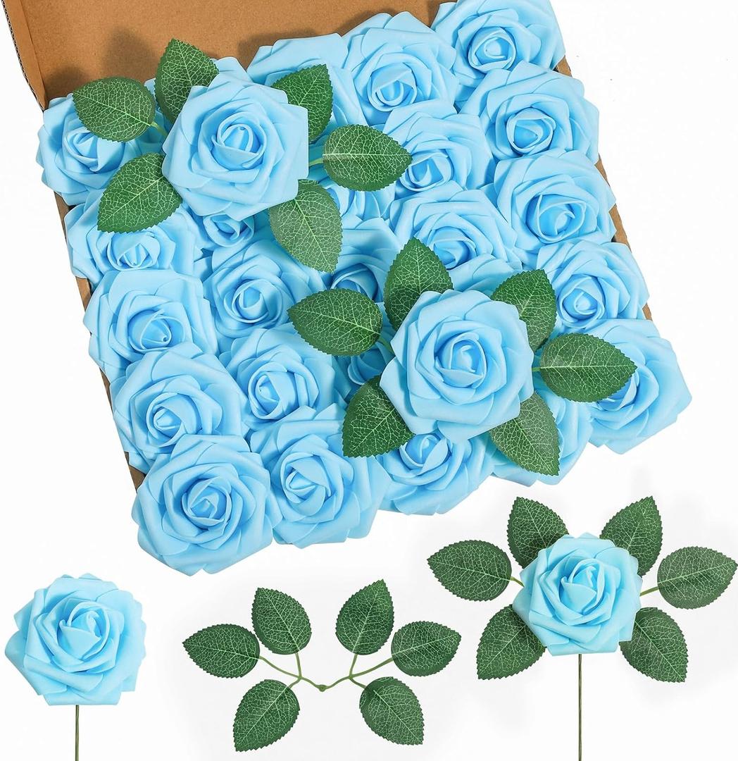 DuHouse 25Pcs Artificial Roses Flowers Fake Rose with Stems Real Touch Foam Flowers for DIY Wedding Bouquet Centerpiece Floral Arrangement Party Home Decor (Sky Blue)