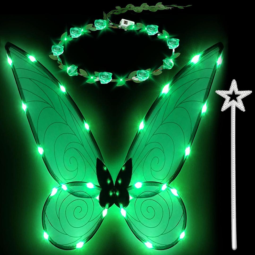 quescu 3pcs Light up Fairy Wings for Adults,LED Butterfly Wings for Girls,Angel Wings Halloween Costume Dress Up for Kids (Green)