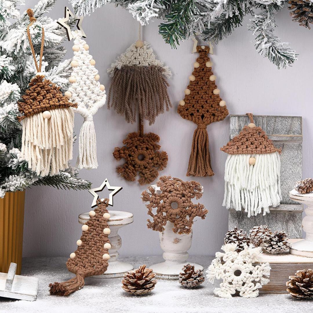 Cinnvoice 9 Pcs Boho Christmas Tree Hanging Ornaments - Knitted Decorations, Gnome Rustic Farmhouse Decor, Macrame Handmade Ornament for Holiday
