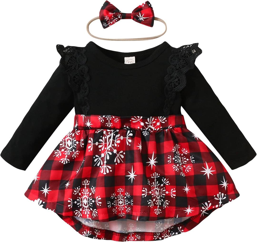1st Christmas Outfit Newborn Baby Girl Flutter Lace Long Sleeve Top Floral Skirt Bodysuit Xmas Dress Headband (0-6 Months, Red- Plaid)