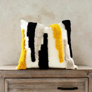 Woven Tufted Boho Throw Pillow Cover, Modern Decorative Geometric Irregular Black Ivory Yellow Striped Lines Cushion, Farmhouse Tribal Pillowcases for Couch Sofa Bedroom Living Room, 18 x 18 Inches