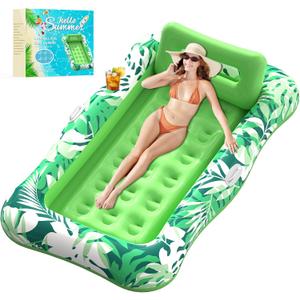 Pool Floats Adult,76"x48" XL Inflatable Tanning Pool Lounger Float with Pillow,4 in 1 Suntan Tub Sunbathing Raft Floatie Water-Filled Mattress Kids Pool Ball Pit,Perfect for Party&Relax,Green