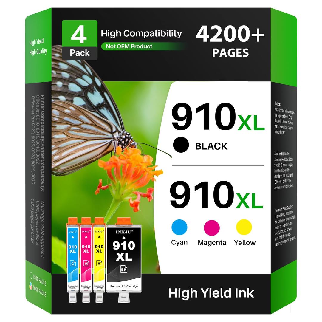 INK4U 910XL Ink Cartridges Combo Pack Compatible Replacement for HP 910XL 910 Ink Cartridges to Use with HP OfficeJet Pro 8020 8025 8028 8030 8035 8010 8015 8018 8022 Printer (1BK/1C/1M/1Y, 4 Pack)