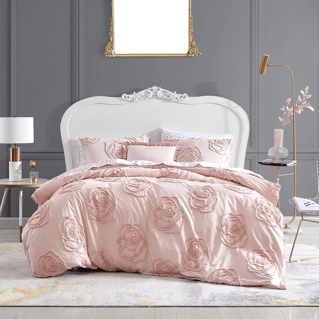 Betsey Johnson - Twin Duvet Cover Set, Reversible Cotton Bedding with Matching Sham & Bonus Throw Pillow, Dorm Essentials (Rambling Roses Pink)
