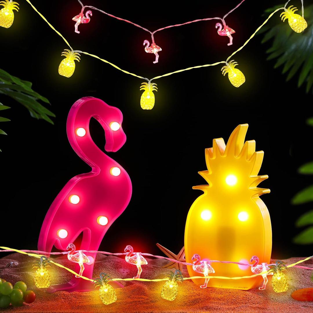 Treela 4 Pcs Tropical Decorations Include 2 Pcs Flamingos Pineapple Lights, 2 Pcs 10ft 20 LED Battery String Lights, Hawaiian Luau Themed Birthday Party Decor for Summer Fiesta