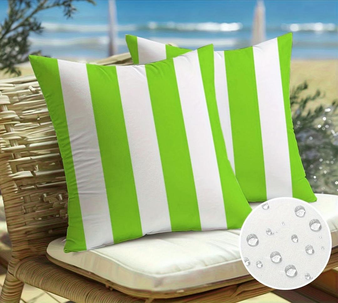 Pack of 2, Waterproof Pillow Covers Outdoor Throw Pillowcases Decorative Garden Cushion Case for Home Garden Patio Couch Balcony Striped 18 x 18 inch/45x45cm Green & White