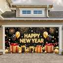 13x6ft Happy New Year Garage Door Banner Luxury Golden Black Balloons Backdrop New Year's Eve Garage Door Cover Decoration for Celebration Party Indoor Outdoor House Wall