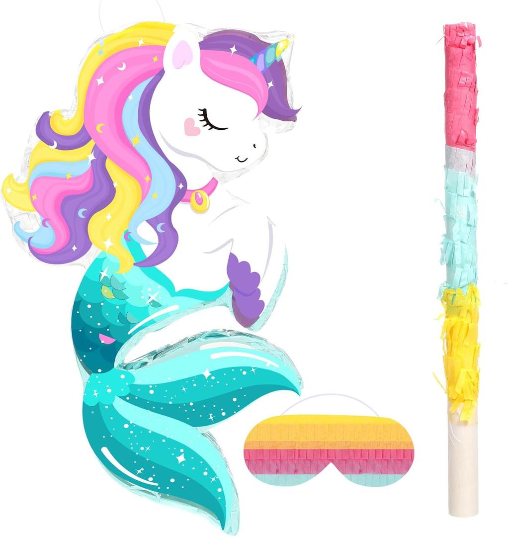 Small Unicorn Piata with Piata Stick Blindfold and Confetti Rainbow Unicorn Piata for Girls Birthday Party Pink Unicorn Party Supplies for Princess Parties Fiestas Decorations(Unicorn Mermaid)