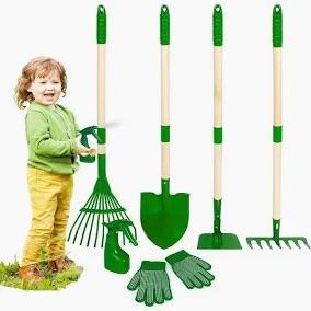 CHEERBANK 7PCS Kids Gardening Tools, Long Shovel, Rake for Leaves, Spade, Hoe, Steel Heads & Real Wood Handle, Yard Tools for Children Toddlers Gifts Green