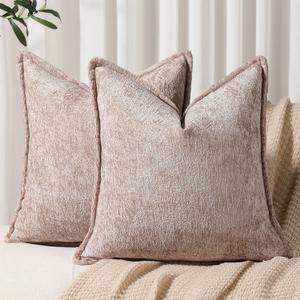 DEZENE Pack of 2 Khaki Decorative Throw Pillow Covers 16x16 Cozy Soft Chenille Accent Vintage Square Couch Pillow Covers for Home Decor Bed Sofa Living Room