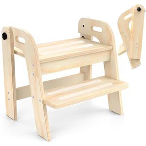 Wooden Toddler Step Stool, Foldable 2-Step Stool for Kids Bathroom Sink, Toilet Potty Training with Handles, Anti-Slip for Kitchen, Nursery, Bedroom(16.9 Wide)
